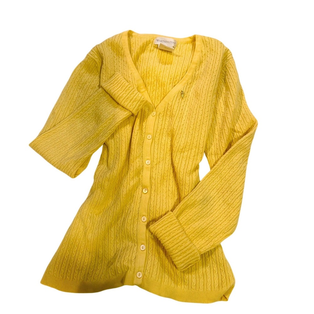 Worthington Yellow Cable Knit Cardigan Sweater Women Small Preppy Cottagecore